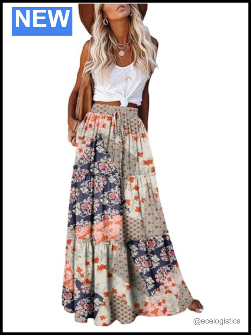 Boho Maxi Skirt High Waist Tiered Flowy Long Skirt with Pockets